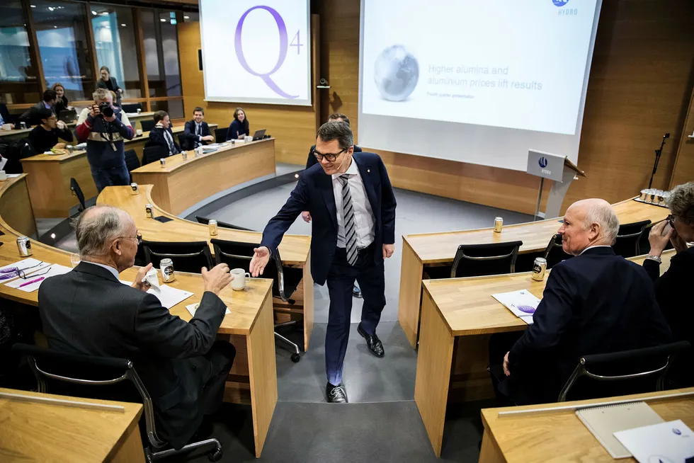 Svein Richard Brandtzæg konsernsjef, på Hydros resultatfremleggelse ved deres hovedkontor. Foto: Per Thrana