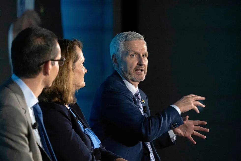 Double that: ExxonMobil exploration head Mike Cousins, watched by Tiago Homen of Petrobras and Liz Schwarze of Chevron