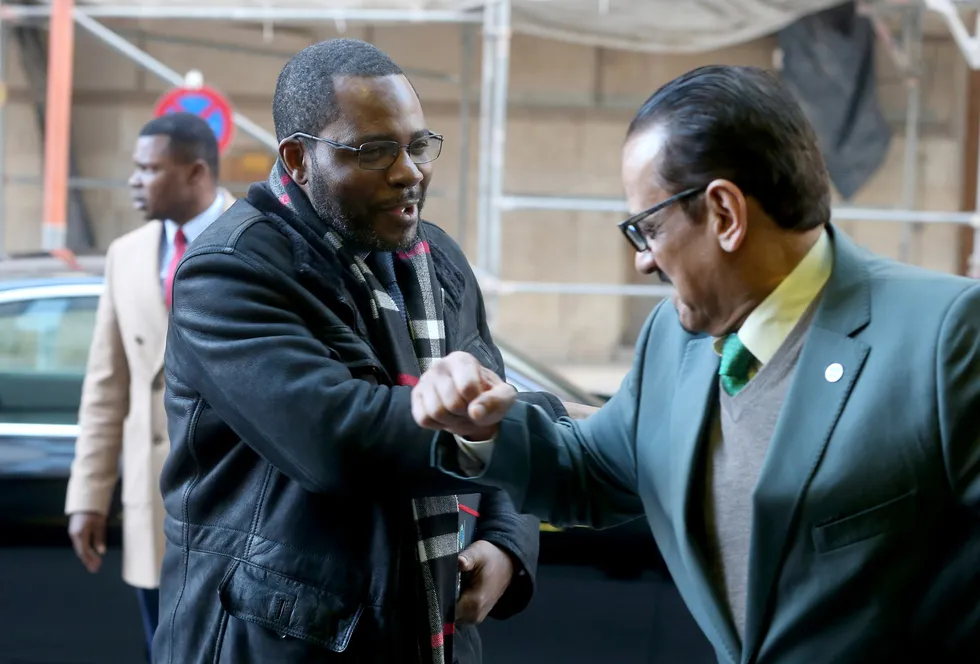 New portfolio: Equatorial Guinea’s former Mines & Hydrocarbons Minister, Gabriel Mbaga Obiang Lima (left), greets an Opec official.