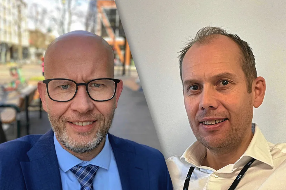 Direktør for eksterne relasjoner i Trønderenergi, Tord Lien, og avdelingssjef for kraftforvaltning i NTE, Trygve Sørås, er ikke fornøyde med Midt-Norges strømpriser.