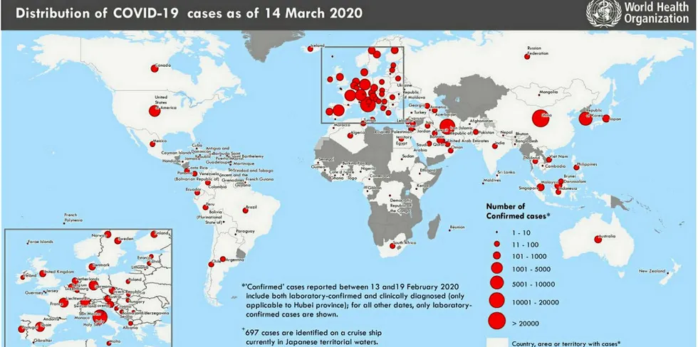 The distribution of Covid-19 cases globally. The World Health Organization (WHO) has dubbed the coronavirus a pandemic, and the seafood, fisheries and aquaculture industries are already feeling the fallout.