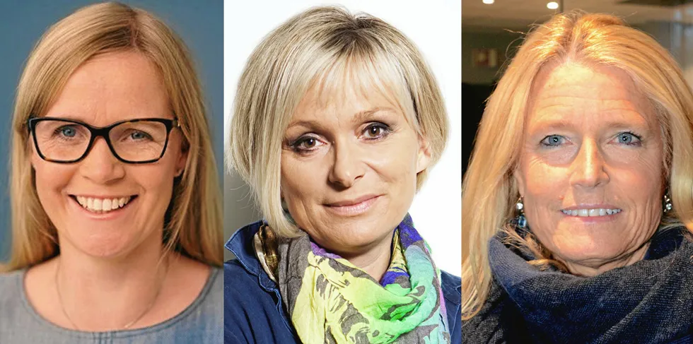 Dette er kvinnene som har den aller høyeste inntekten i kraftbransjen i 2021. Fra v: Birgitte Ringstad Vartdal (Statkraft), Cathrine Tronstad (Trønderenergi) og Caroline Lund (Lund & Co).