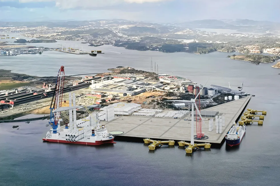 Illustrasjon over Haugesund Windport, Haavik, og Hydros fabrikkområde på Håvik. I bakgrunnen sees Haugesund Cargo Terminals, Husøy.