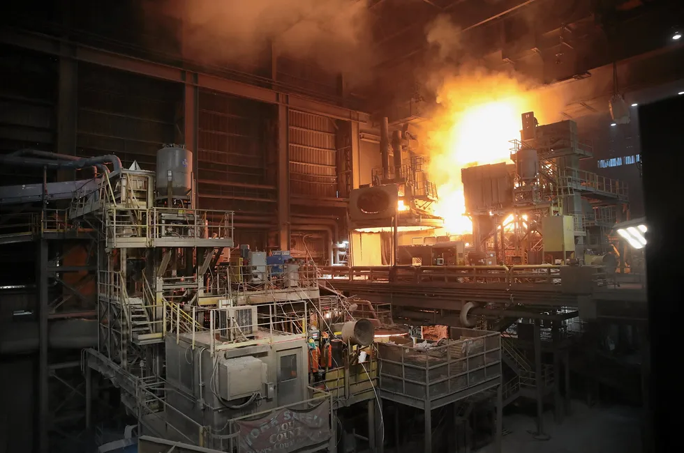 Steel being melted in an electric furnace at a steel mill in Indiana.