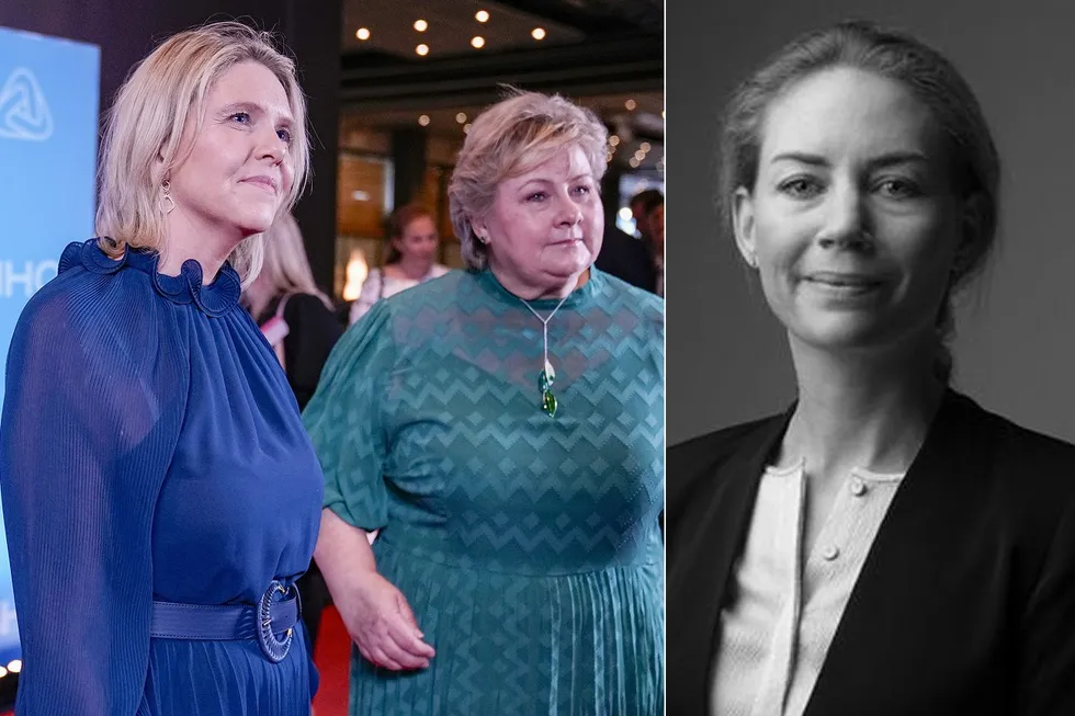 Frp-leder Sylvi Listhaug (fra venstre) og Høyre-leder Erna Solberg og partiene deres får penger av Helene og Christian Sundt før høstens valg.