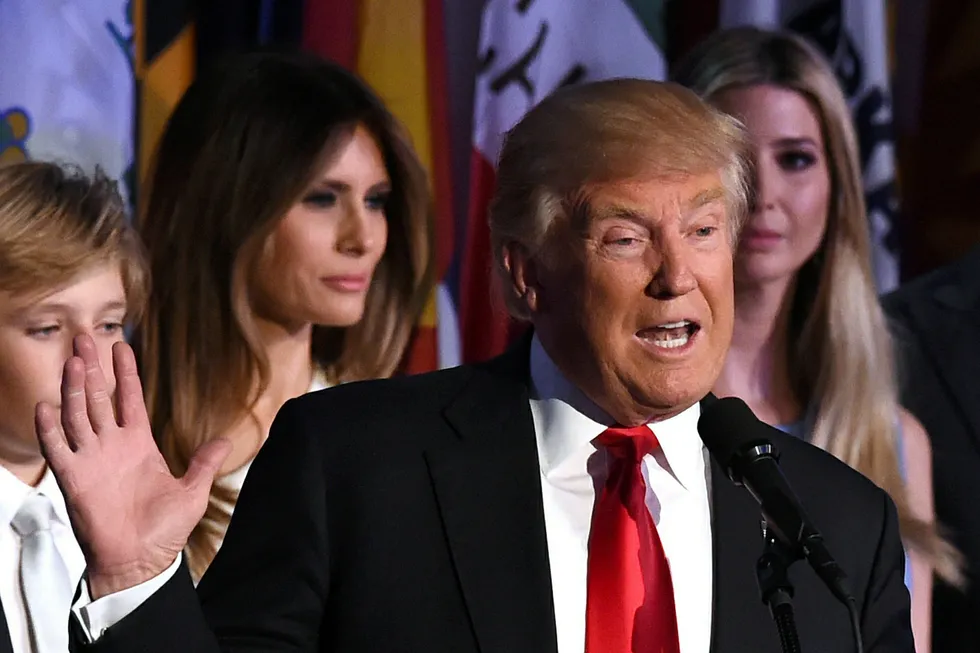 USAs påtroppende president Donald Trump holder seierstalen i New York på valgkvelden tidligere denne uken. Foto: TIMOTHY A. CLARY / AFP / NTB Scanpix