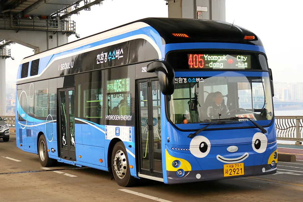 A rather happy Hyundai hydrogen bus on a bridge in the South Korean capital, Seoul.