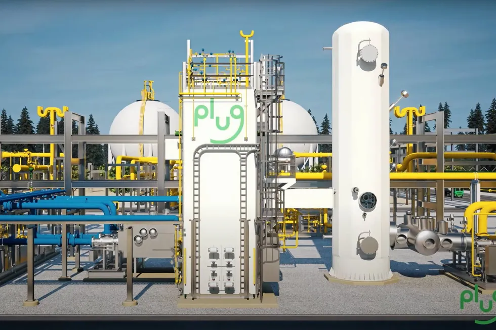 A still from a Plug Power animation showing a rendering of the company's 'ultra-efficient' liquefaction technology.