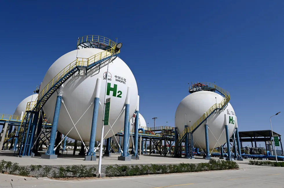 Hydrogen storage tanks at Sinopec's operational Kuqa green H2 project in Xinjiang, China