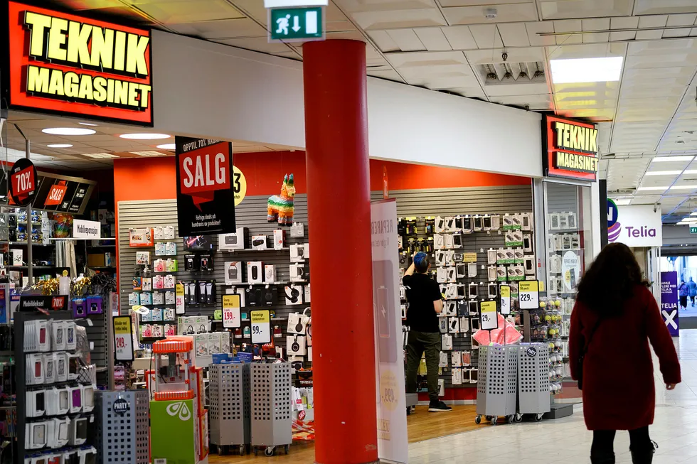 Teknikmagasinet har begjært konkurs i Sverige. Selskapets adm. dir. Ulrika Göransson sier at de norske butikkene foreløpig ikke blir berørt. Avbildet er en Teknikmagasinet-butikk på Gunerius Shoppingsenter i Oslo.