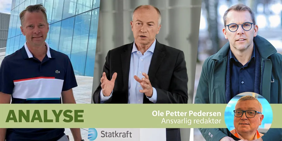 Det er Håkon Røhne (til v) i handelsselskapet Axpo Nordic AS som topper lønnslistene i bransjen. Statkraft-sjef Christian Rynning-Tønnesen (midten) er på pallen, mens Å Energi-sjef Steffen Syvertsen (til h) i fjor var den åttende best lønnede toppsjefen i kraftbransjen.