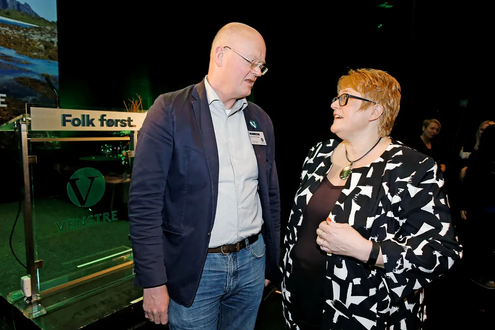 Hans Kristian Voldstad støtter Venstres valgkamp med 600.000 kroner fra egen lomme. Han er Venstres sjettekandidat under Stortingsvalget. Her sammen Venstre-leder Trine Skei Grande. Foto: Trond Solberg/VG/NTB Scanpix