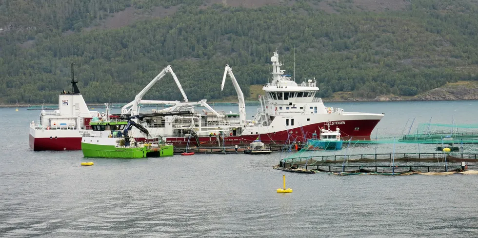 BEDRE HAVBRUKSFORVALTNING: En brønnbåt henter laks fra en Cermaq-lokalitet i Alta. regjeringen mente før regionreformen at større fylker ville gi bedre havbruksforvaltning.