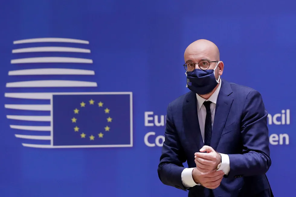European Council President Charles Michel waits for the start of a round table meeting at an EU summit at the European Council building in Brussels, Thursday, Oct. 1, 2020. European Union leaders are meeting to address a series of foreign affairs issues ranging from Belarus to Turkey and tensions in the eastern Mediterranean. (Olivier Hoslet, Pool via AP)