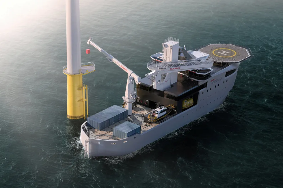 Illustrasjon av Seaonics automatiserte, bevegelseskompenserende kranløsning.