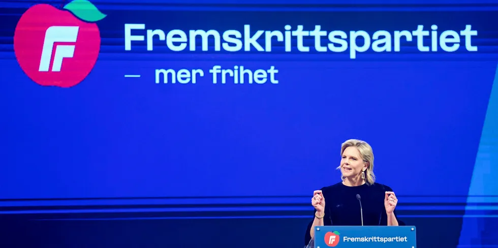 Frp-leder Sylvi Listhaug taler under Fremskrittspartiets landsmøte 2024 på Clairon Airport Hotel på Gardermoen.
