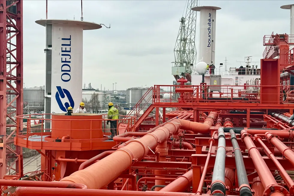 Redere som Odfjell får nok av utfordringer å holde tritt med i 2025. Her er rederiets Bow Olympus som nylig fikk seil. Men medlemsbedriftene i rederiforbundet er forsiktig optimister i en usikker tid.