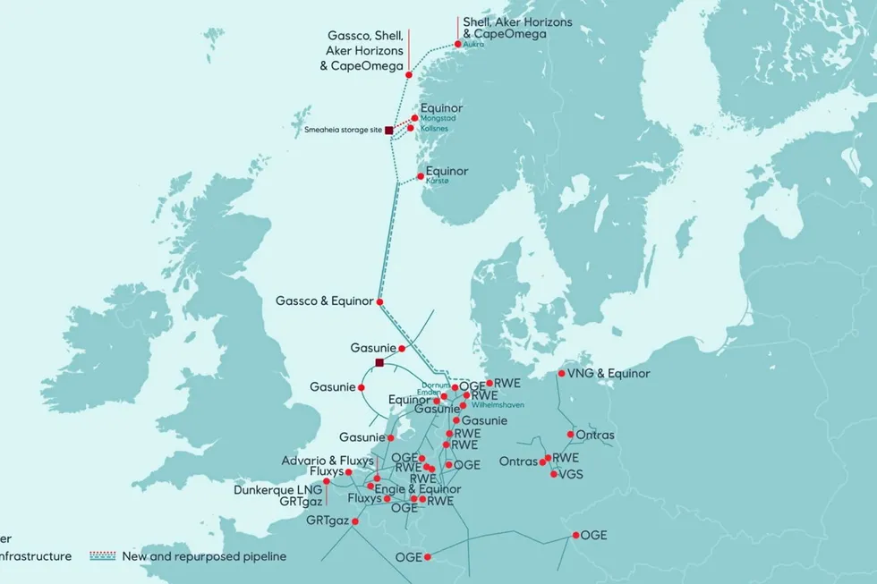 Map of Gasunie's planned North Sea hydrogen pipeline network.