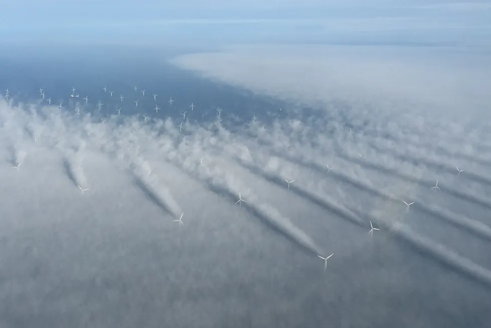 Low hanging fog reveals what is usually invisible to the eye, wind wakes stretching behind a wind farm in the North Sea.