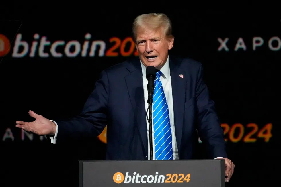 FILE - Republican presidential nominee former President Donald Trump speaks at the Bitcoin 2024 Conference July 27, 2024, in Nashville, Tenn. (AP Photo/Mark Humphrey, File)