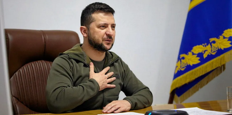 Volodymyr Zelensky, Ukraine President, speaking via conference call to the Swedish Riksdag on March 24.