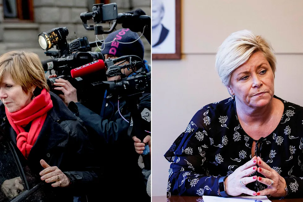 Christine Meyer (til venstre), tidligere sjef i Statistisk sentralbyrå og finansminister Siv Jensen (Frp). Foto: Fartein Rudjord og Nicklas Knudsen