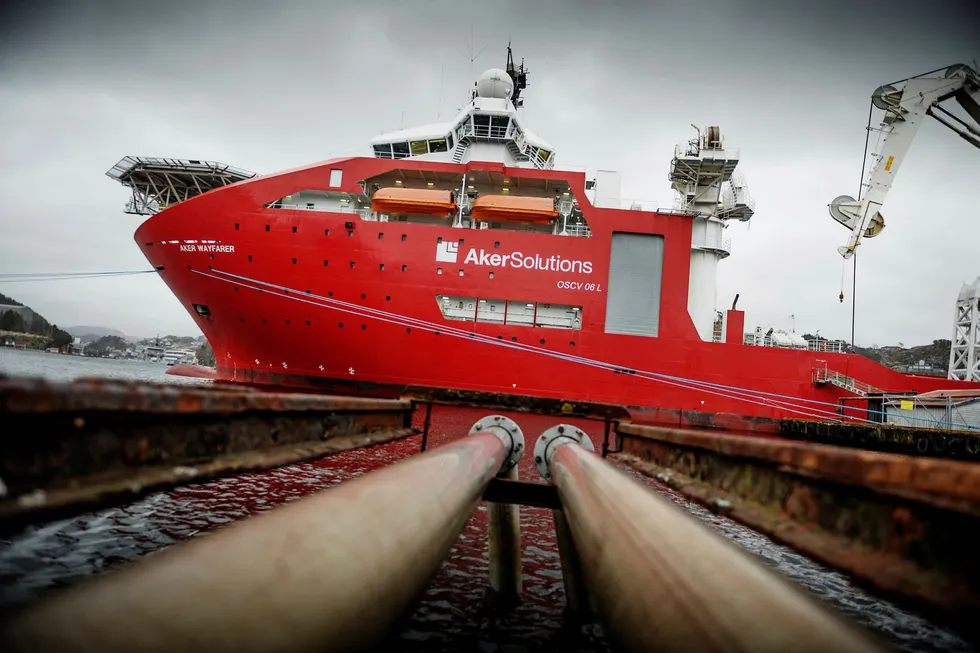 Det Ocean Yield-eide subsea-fartøyet «Aker Wayfarer», her ved kai utenfor Egersund for noen år tilbake.