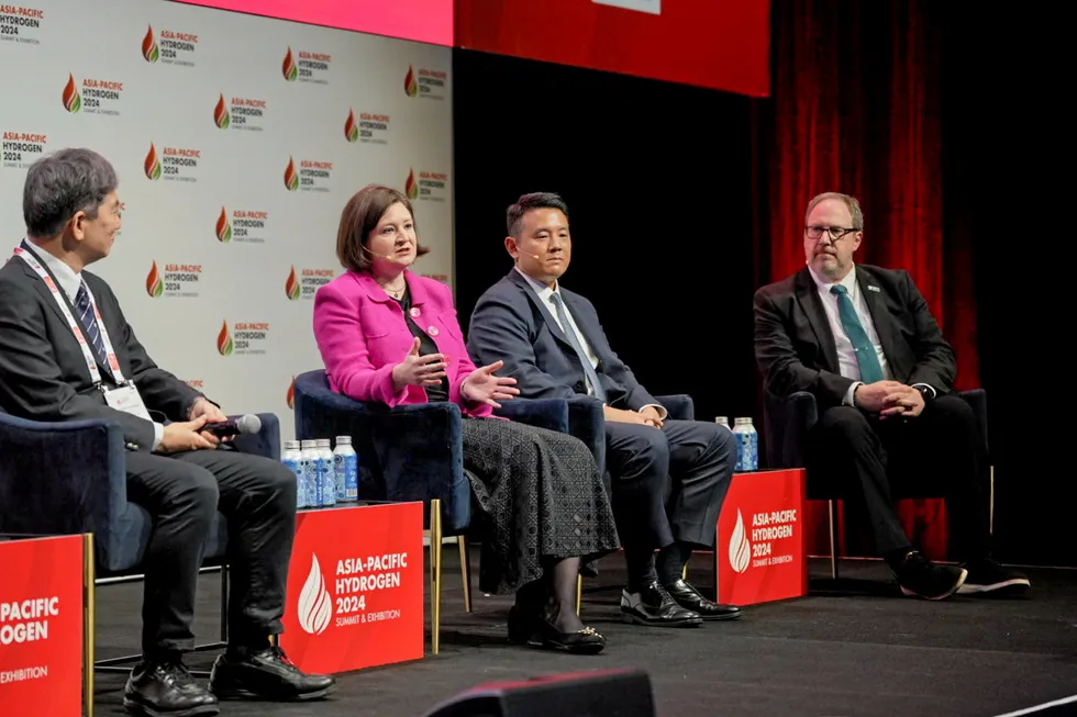 Lucy Nation (in pink) speaking during a panel session at the Asia-Pacific Hydrogen Summit in Brisbane this morning.