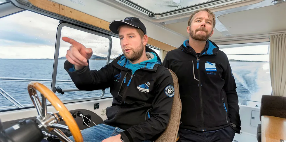 Production manager Havard Olsen (left) and brother-in-law Alf-Goran Knutsen. They are two team that manages family-owned salmon producer Kvaroy Fiskeoppdrett on Helgeland. The company is now waiting for approval for automated lice counting.