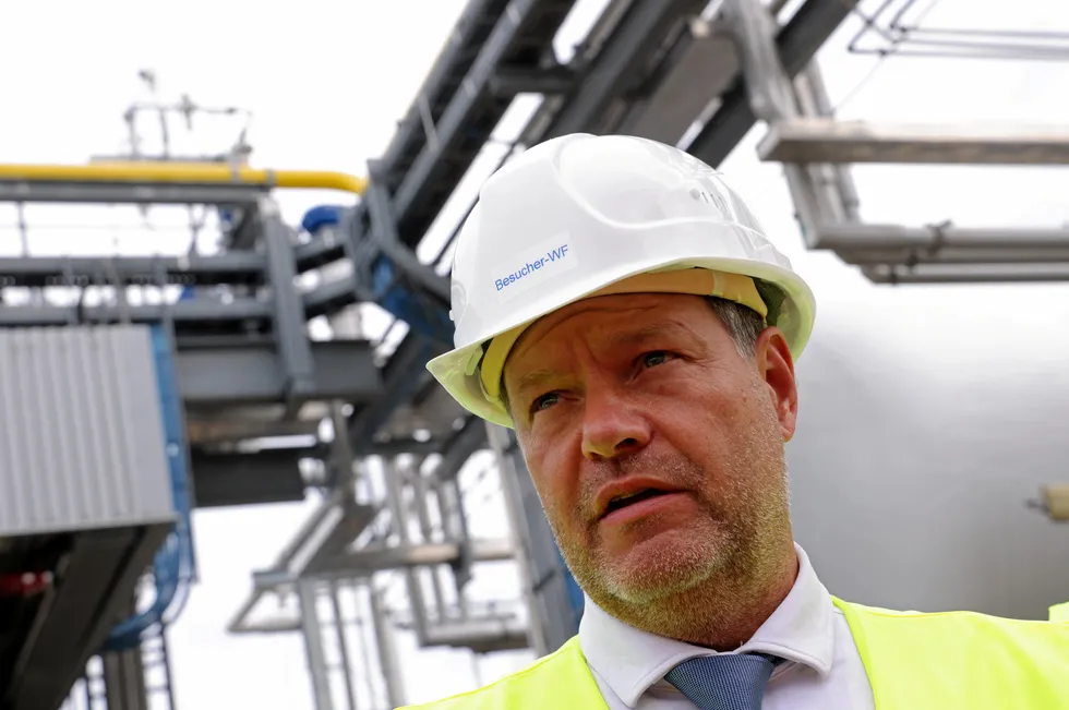 Robert Habeck, German minister for economic affairs and climate, at a visit to the Leuna refinery's hydrogen liquefaction system in 2022. A repurposed gas pipeline to supply green hydrogen to Leuna is set to start operations by the end of 2025.