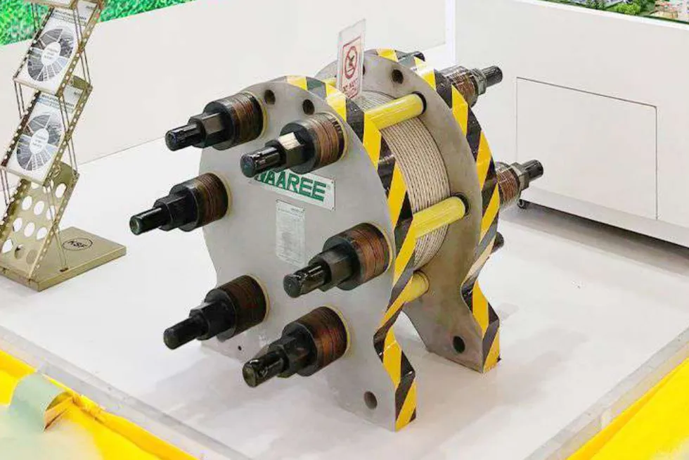An electrolyser display at Waaree's stand at India Energy Week in February 2025.