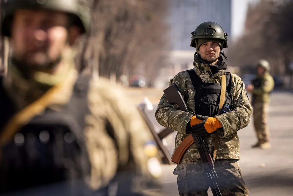 Patrol: Ukrainian servicemen stand guard at a military check point in Kyiv