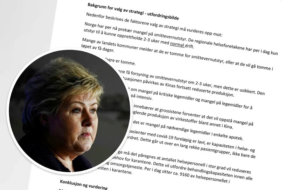 24. mars varslet regjeringen en ny strategi i kampen mot koronaviruset. Et internt notat i Helsedirektoratet anbefalte strategien, og advarte blant annet mot kommende utstyrsmangel.