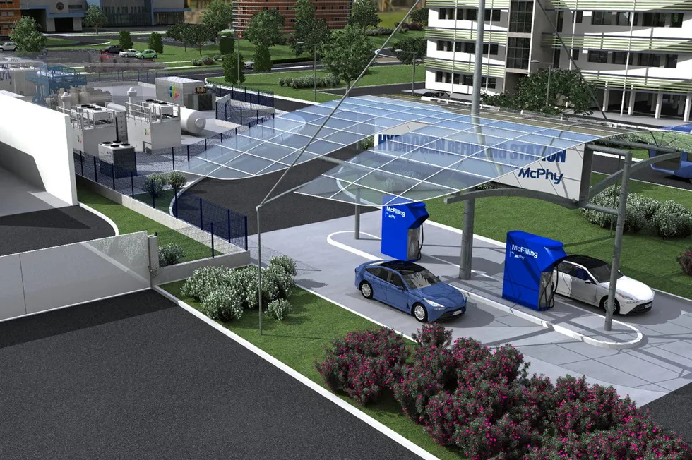 A computer rendering of a McPhy large-scale 'Augmented McFilling' hydrogen fuelling station.