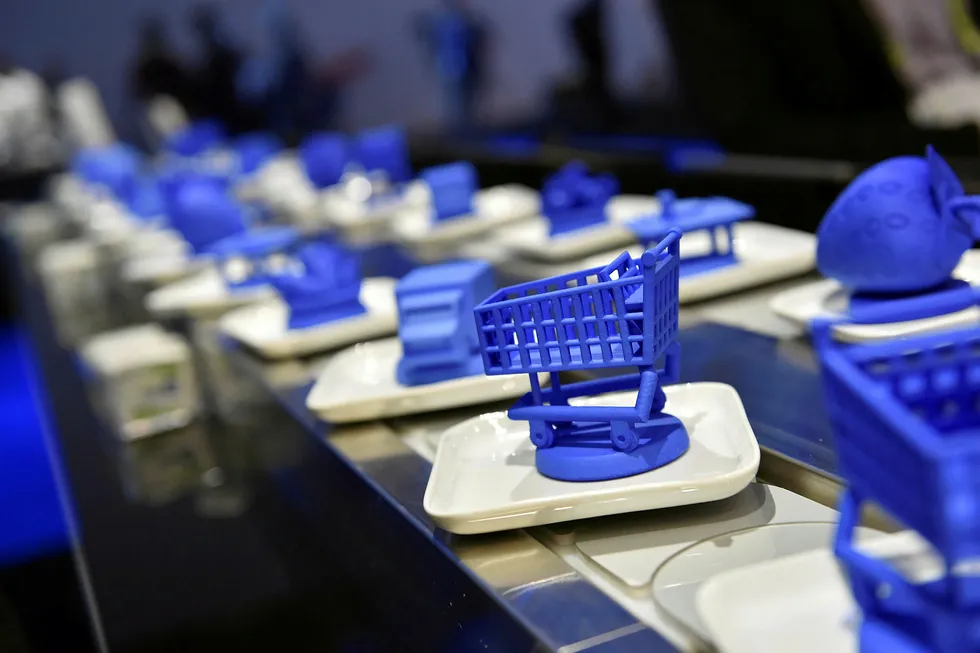 On show: a conveyer belt with objects is used to demonstrate blockchain technology during a recent technology event