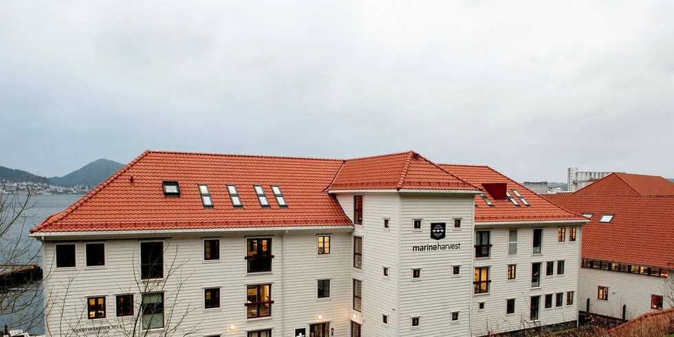Det blir trolig nedbemanninger i Marine Harvest – men kun blant administrative ansatte, og ikke i sjø, ferskvann eller industri. Her fra hovedkontoret i Bergen.Foto: Kjersti Kvile