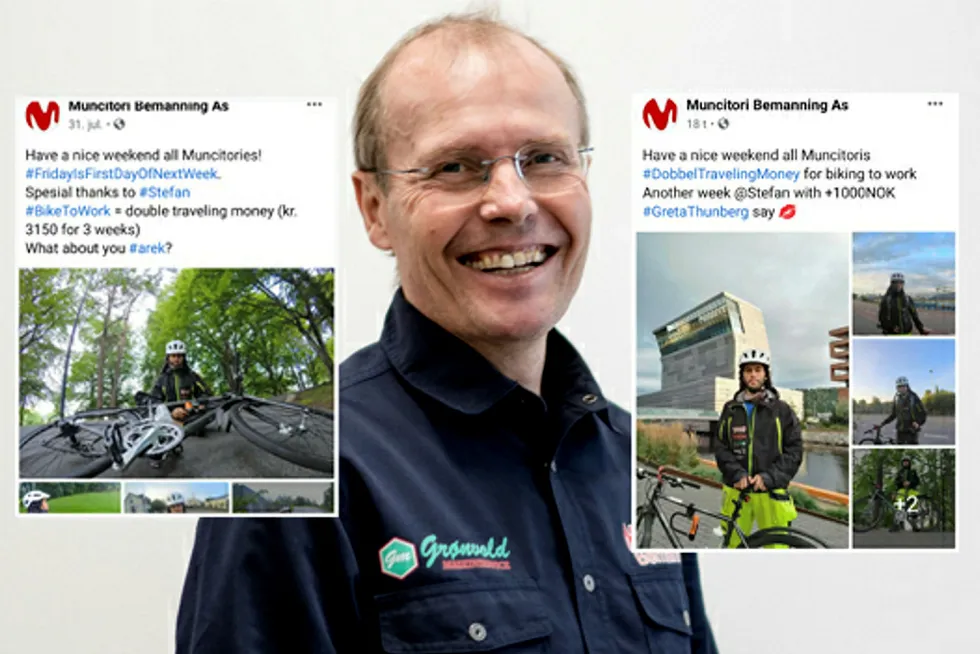 Daglig leder Magne Lilloe i bemanningsselskapet Muncitori Bemanning tilbyr sine ansatte 1000 kroner i uken hvis de sykler til jobb.