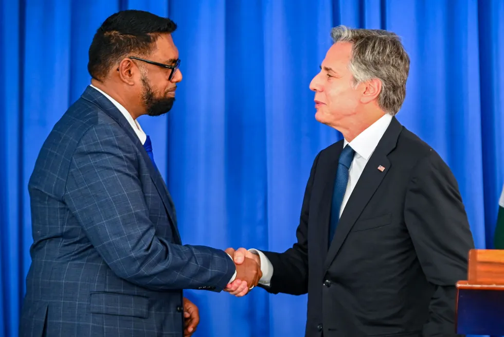 Allies: Guyana President Irfaan Ali (left) and US Secretary of State Antony Blinken shake hands after a joint press conference in Georgetown, Guyana, in July 2023.