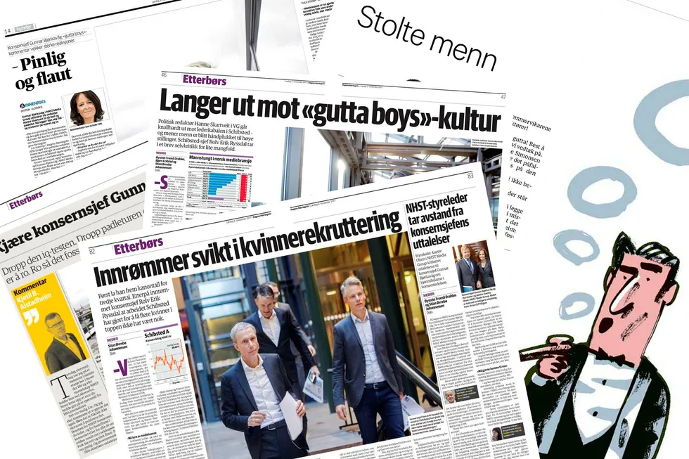 Det er heller ikke nok å legge seg flat og komme med floskler som at det blir «løpende tilpasninger», «dette var personene som passet best» og «vi har mål om kjønnsbalanse», for å sitere noen av mediesjefenes forklaringer på svak kvinneandel, skriver innleggsforfatter Mari Velsand. Illustrasjon: Faksimiler fra Dagens Næringsliv, Aftenposten og Bergens Tidende