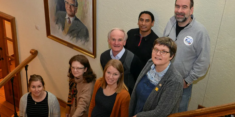 TUNG FAGKOMPETANSE: Det er ingen ansatte, men likevel mye tung kompetanse knyttet til Bergen Offshore Wind Center (BOW). Her er de fleste sentrale personene i BOW. Foran fra venstre; Ida Marie Solbrekke, Maria Krutova, Astrid Nybø og Kristin Guldbrandsen Frøysa, herrene bak er fra venstre: Finn Gunnar Nielsen, Pablo Saavedra og Joachim Reuder.