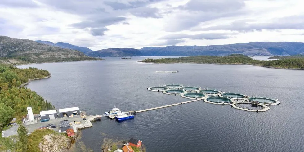 Mange av målingene i forskningsprosjektet Kompakt ble gjort ved dette oppdrettanlegget i Sæterosen i Brønnøy kommune (AkvaFuture AS). Foto: AkvaFuture/Visual360