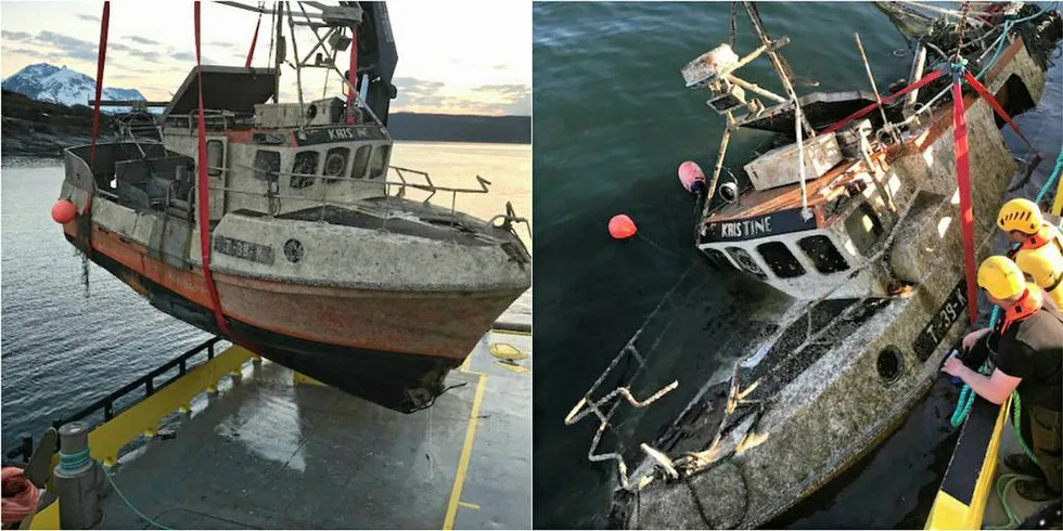 HEVET ETTER TO ÅR: Mandag ettermiddag ble sjarken «Kristine» hevet opp fra sjøen, to år etter at den sank ved Maursundet i Reisafjorden i Nord-Troms. Det private firmaet Finnsnes Dykk and Anleggsservice sto for hevingen.Foto: Privat