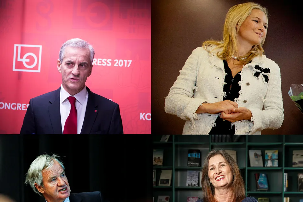 Ap-leder Jonas Gahr Støre studerte statsvitenskap. Midelfart Holding-sjef Celina Midelfart studerte økonomi, management og finans. Norwegian-sjef Bjørn Kjos studerte jus. Rikspsykolog og skribent Sissel Gran studerte psykologi. Foto: Gunnar Lier, Gunnar Blöndal og Heiko Junge/NTB Scanpix