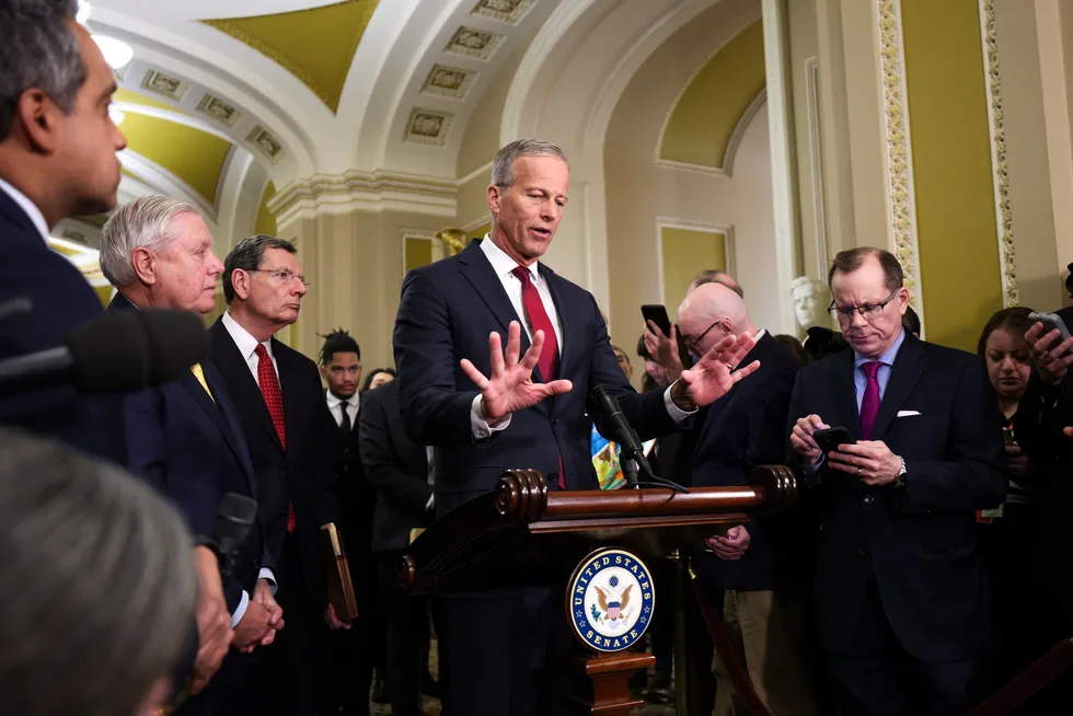 Republican Majority Senate Leader John Thune speaking to reporters in Congress earlier this month.