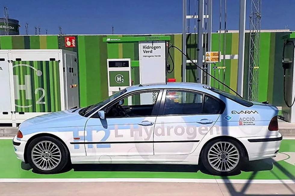 A fuel cell electric vehicle being filled at Iberdrola's hydrogen refuelling station in Barcelona, Spain.