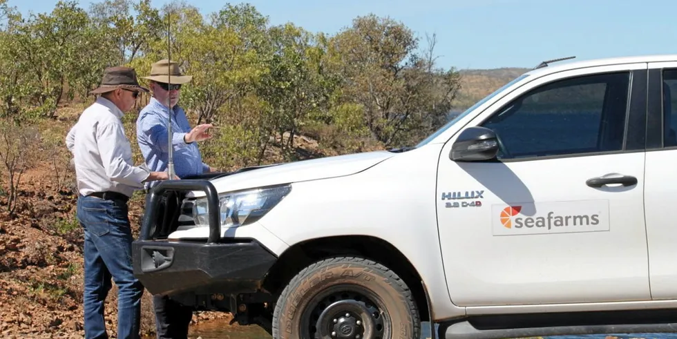 New Seafarms CEO Mick McMahon and company Secretary Harley Whitcombe visit the Project Sea Dragon site at Legune Station in the Northern Territory.