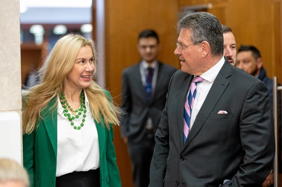Kadri Simson, on the left, and Maroš Šefčovič . EU Commissioners Kadri Simson and Maroš Šefčovič.