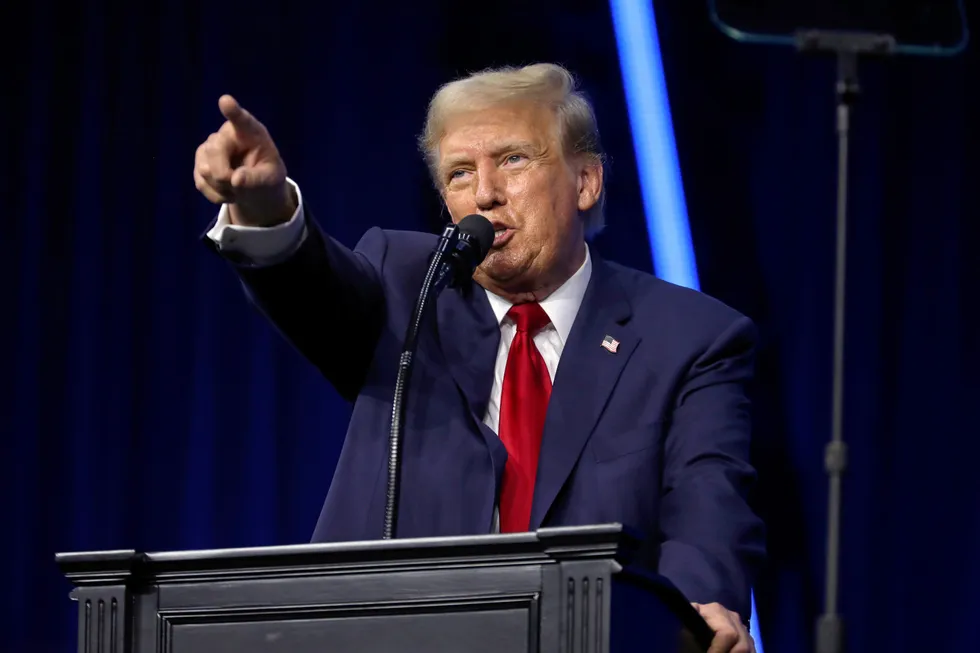 Donald Trump speaking with attendees at The People's Convention at Huntington Place in Detroit, Michigan, June 2024 . .