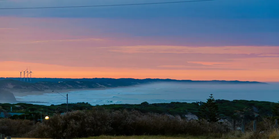 Small cluster of onshore wind turbines on the coast of Gippsland, Australia