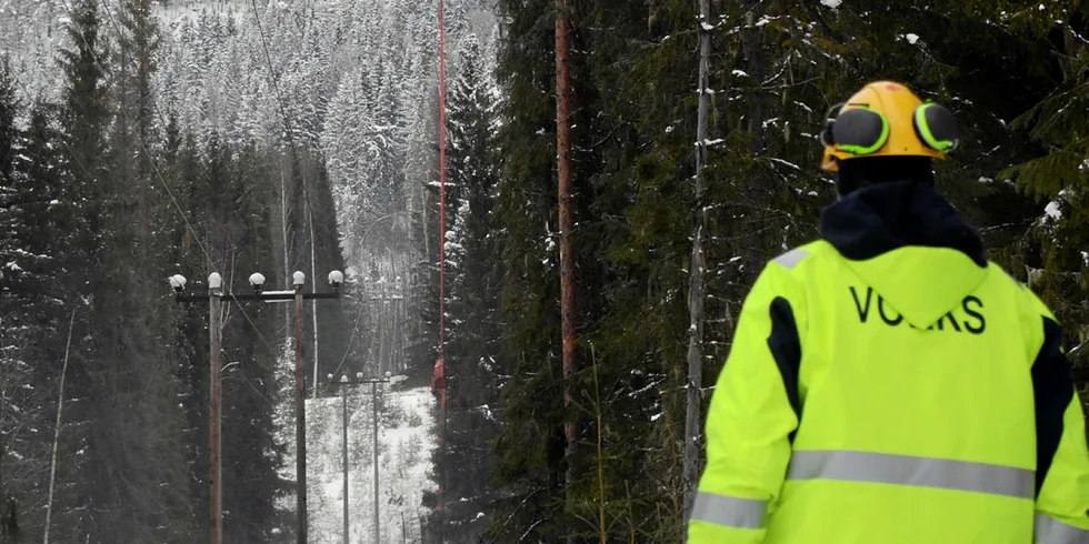 FLEST AVBRUDD: Vokks Nett hadde klart flest strømavbrudd per kunde av alle norske nettselskaper i 2018. Årsaken var mye snø. Her har selskapet leid inn et helikopter til linjerydding i januar 2019 . Foto: Haakon Barstad